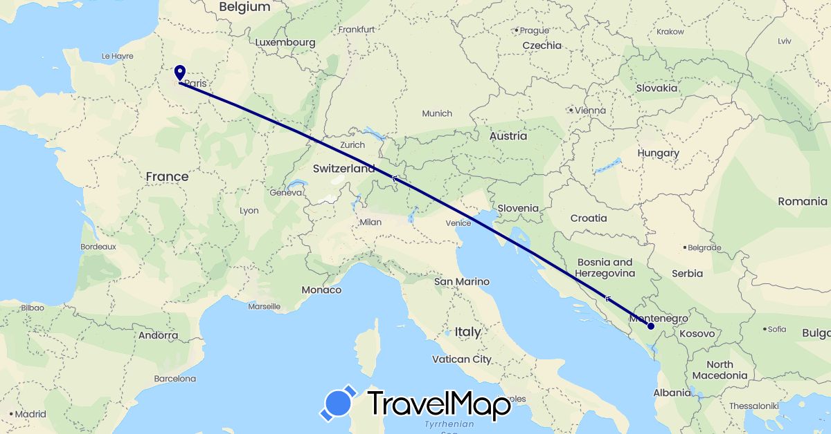 TravelMap itinerary: driving in France, Montenegro (Europe)